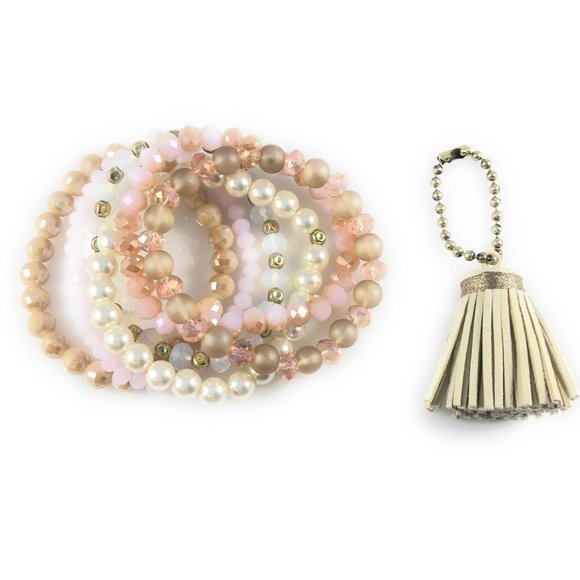 Boho Stack Stretch Bracelet Set of 6 with Tassel - Picture 3 of 5